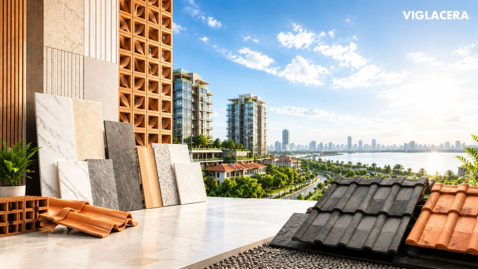 Làng kiến trúc ven biển với mái ngói đất nung tông ấm